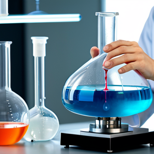 Home 4 Homogeneous Catalysis in Action**
"A chemist in a modern laboratory, fully clothed in appropriate lab attire, carefully pouring a clear solution into a round-bottom flask. The flask contains a colorful liquid mixture with a stir bar actively mixing. Beakers and scientific glassware are visible in the background. Focus on precision and scientific accuracy. Safe for work, appropriate content, professional, perfect anatomy, natural proportions, well-formed hands. Add 'Wilkinson catalyst' subtly in the background lab equipment. fully clothed, modest clothing, professional dress."
**