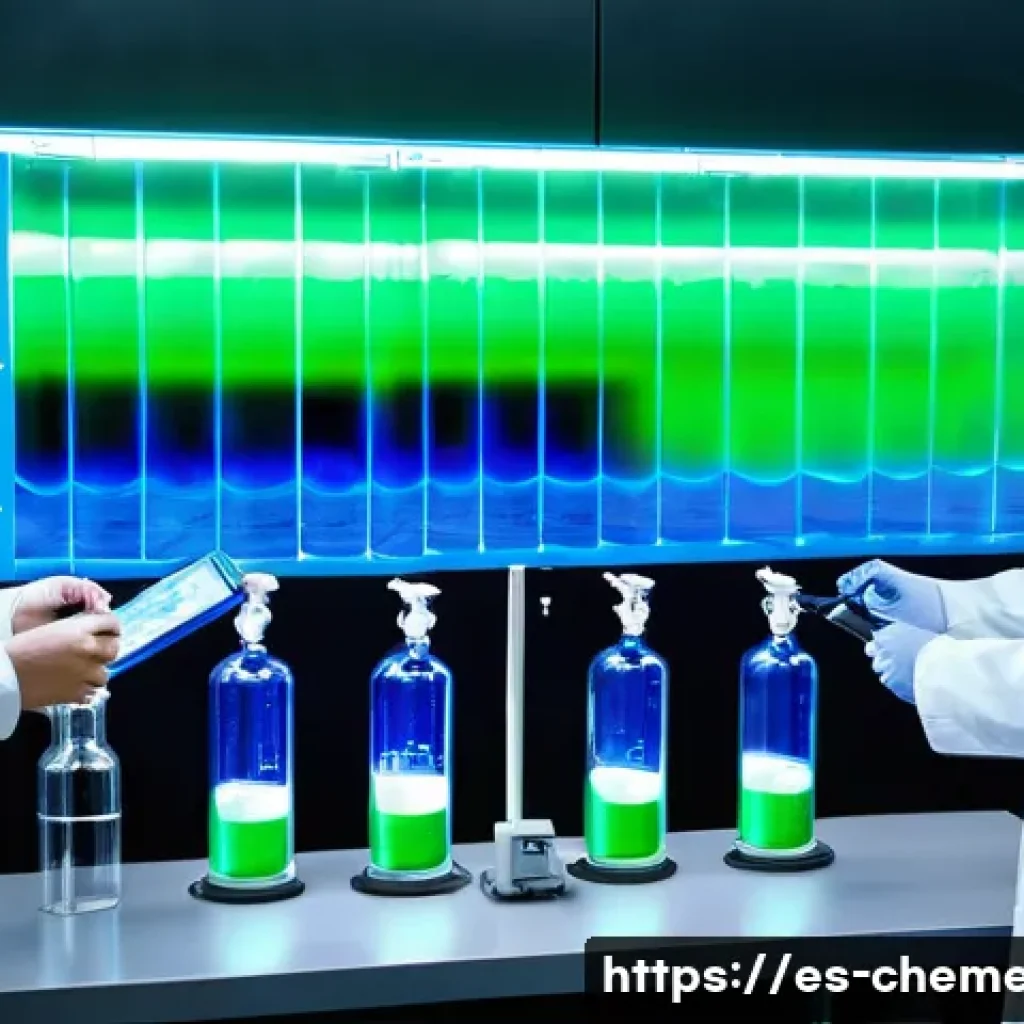 전해질 및 이온성 액체 - A high-tech laboratory scene featuring scientists in protective lab coats and safety glasses working...