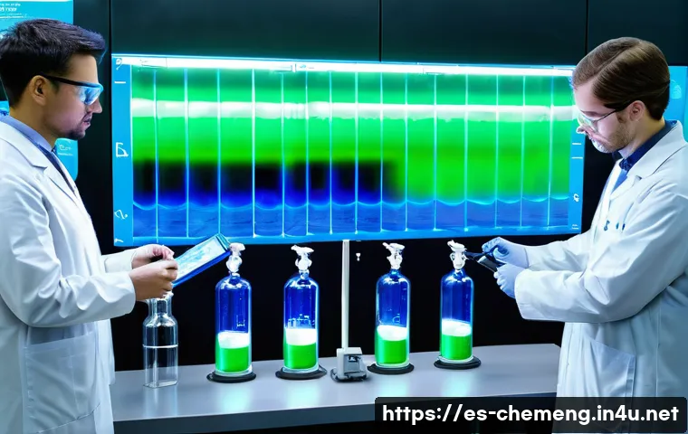 전해질 및 이온성 액체 - A high-tech laboratory scene featuring scientists in protective lab coats and safety glasses working...