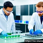 지속가능한 화학공정 및 친환경 기술 - A modern chemical laboratory focused on sustainable green catalysis, featuring scientists wearing pr...