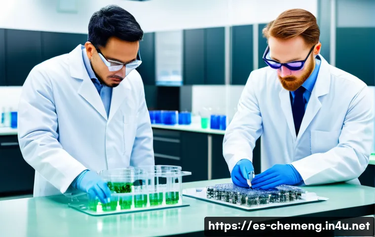 지속가능한 화학공정 및 친환경 기술 - A modern chemical laboratory focused on sustainable green catalysis, featuring scientists wearing pr...