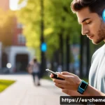 전자재료와 나노기술 - A sleek, modern wearable technology scene featuring a person in casual urban attire wearing a compac...