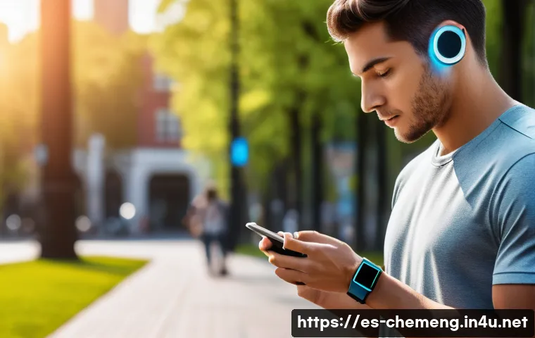 전자재료와 나노기술 - A sleek, modern wearable technology scene featuring a person in casual urban attire wearing a compac...
