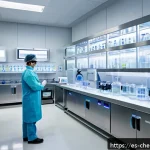마이크로 반응기 기술 - A high-tech chemical laboratory focused on microreactor technology, showcasing a scientist in protec...