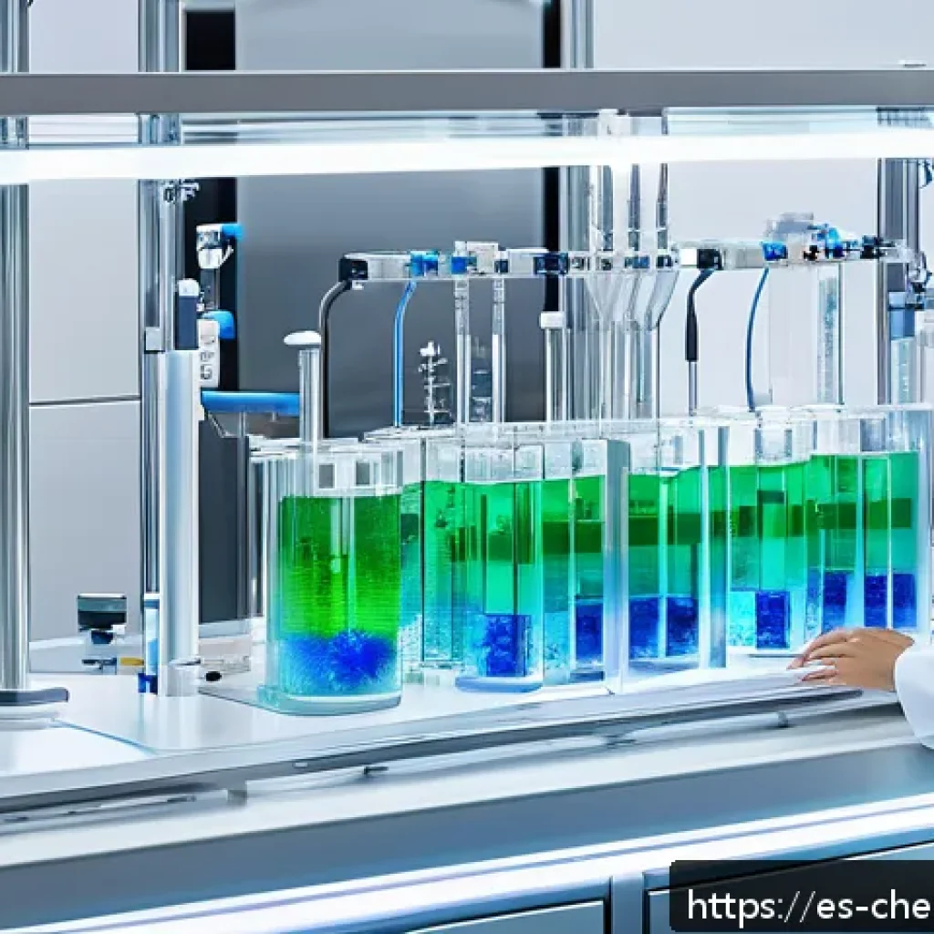 화학공학 실험 - A highly detailed laboratory scene featuring a modern chemical microreactor setup with compact, tran...