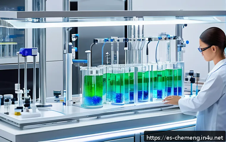 화학공학 실험 - A highly detailed laboratory scene featuring a modern chemical microreactor setup with compact, tran...