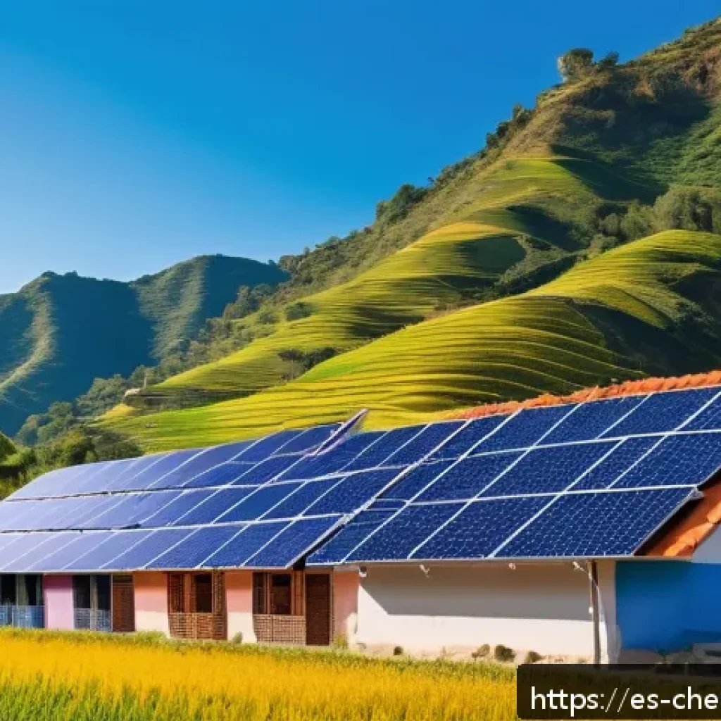 에너지공학 - A vibrant rural Latin American village scene showcasing modern solar panel installations on colorful...