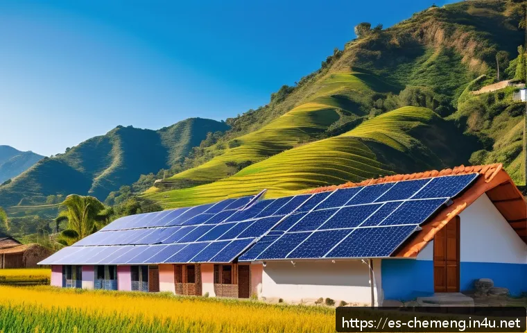 에너지공학 - A vibrant rural Latin American village scene showcasing modern solar panel installations on colorful...