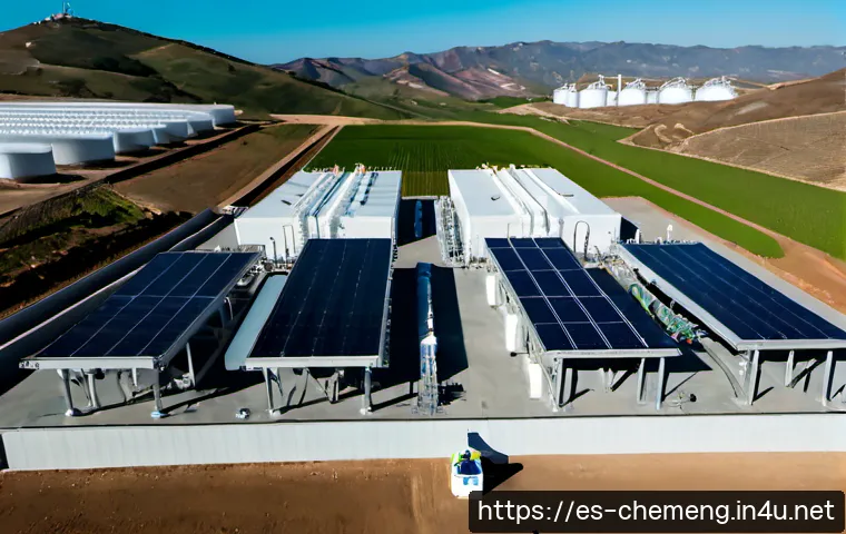 수소 에너지와 연료전지 - Photorealistic wide-angle view of a green hydrogen production facility in sunlit southern Spain, whi...